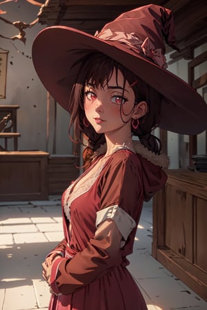 Witch hat, atmospheric scene,  masterpiece,  best quality,  (detailed face,  detail skin texture,  ultra-detailed body),  (cinematic light:1.1), (Full Boddy:1.2), barefoot, inside the great hall of a castle,  r0seb7rne-smf,  solo,  realistic,  Large witch hat, pink hat with brown details, hair, extremely long hair, braided hair, shiny skin, shiny lips, closed dress with lace, short dress, pink dress with brown details, flirtatious expression on the face, eyelashes, thick eyebrows, pink coat, large fur coat, ,shizukazom100
