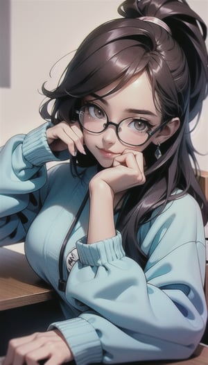 Portrait, photograph, 23-year-old , delicate features, innocent face, long dark hair in a ponytail, brown eyes, wearing stylish glasses, model sitting at a rich office table, (looking at the camera), photoshoot style, seductive expression, 8k HD, RAW,(white Tea Length Dress),hot big breast,high resolution, detailed background,suzuna,sakurako(blue archive),ppcp