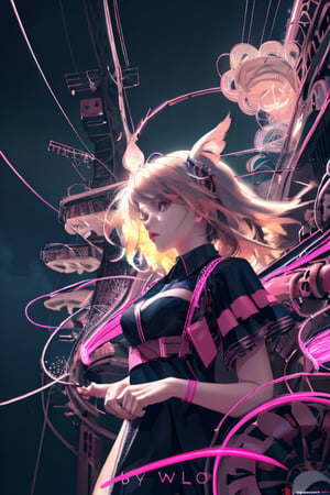 (masterpiece, best quality, fantasy, absurdres, concept art), clear face , detailed eyes ,best hd clarity, quality, medium shot, womans hair is made from thin multicolored neon tendrils:1.5), (long thin multicolored neon string hair is flowing down her body), her hair made of thin multicolored neon tendrils is conforming to and covering her body forming a dress, neon fibers:1, cables of neon strings, scenery is cables and tech, intricate and detailed tech gear, chaos, beautiful detailed glow, neon tendrils, flowing, multicolored neon strings swirling around the character:1.3, intricated:1, detailed light:1.2, high-res CG, dynamic angle,LaceAI,Wlop,april_ak