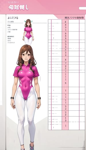 character sheet, full body front and back, variations of white and pink leggings, tops, and gymnastics outfits, perfect skinny figure, intricate detail, high detail, anime style