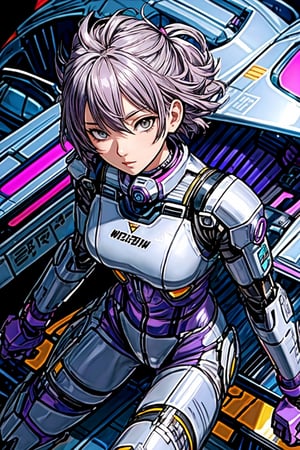 ultra detailed illustration, an adult woman with anime pilot plug suit, she has (grey eyes) and short purple hair, waist high shot, mecha pilot