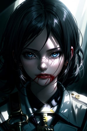 Full figure portrait of a girl \(Blood the vampire hunter Saya\) swinging sword,sailor student uniform \(blue white color\),well-drawn hands,hourglass figure,old town backdrop,depth of perspective,(chiaroscuro lighting,volumetric lighting,soft rim lighting,key light reflecting in the face and eyes:1.2),hyperdetailed,oc rendering,ultra-realistic,kuchiki rukia,real_booster, art_booster,ani_booster,art_booster

