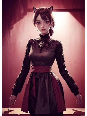 (waist-up portrait:1.7), full body, Lady bug, dark red hair, long curly hair, red mask with black rose, ballet costume dress,Marinette Dupain-Cheng, Marinette, Miraculous, black pussy cute cat, Perfect face, small face, small head, (beautiful detailed eyes, symmetrical eyes, cat ears, ear ring, beautiful nose (detailed face), slender body, dramatic lighting, (8k, photo, masterpiece), (highest quality), (best shadow), (best illustration), backside view, looking at viewer, ultra high resolution, 8K wallpapers, physically based rendering, photo, realistic, realism, high contrast, cinematic , , light & shadow, striking color, hyperrealism, photography, f1 lens .6, intense colors, hyper-realistic realistic texture, cinestill 800), detailed face, star war weapon, (cowboy shot:1.7),yuya,drow,one piece