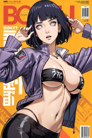 Defaults17Style, 1girl, jewelry, solo BREAK ()magazine cover)), masterpiece,big_boobs,  best quality, highres, (multicolored hair:1.1), beautiful face, clas, awesome pose,SilverWolfV5, ,urban techwear, mask,hinata\(boruto\)