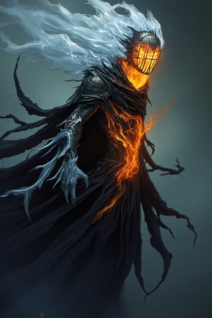 Full body character, side view, dark fantasy, figure draped in tattered robes floats, its steel cage helmet consumed by roaring fire. The flames dance through the bars as icy veins crackle from the figure's chest. Frosty tendrils mix with swirling embers, creating a haunting blend of fire and ice in a dark, eerie, supernatural realm <...>,assassinkahb style