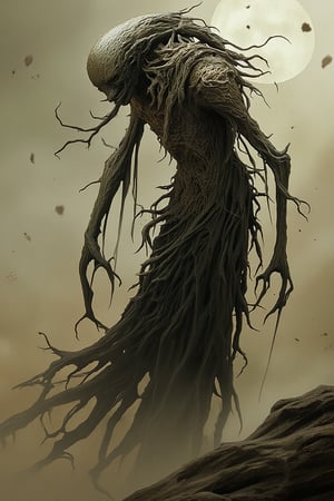 Full body character, side view,monstrous, figure of ancient horror, standing tall with sinewy limbs that shift like twisted roots. Its head is crowned with a full moon, as its body pulses with the texture of deadwood. It moves like a puppet controlled by invisible strings, eyes dead but aware.
Time fractures around it, with flickering moments of ancient wars etched into its bark. <...>,assassinkahb style