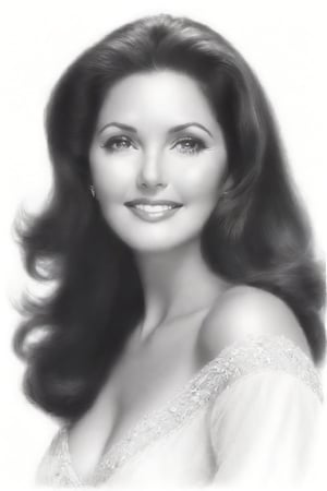 A beautiful high quality, black and white, head and shoulders portrait sketch of a 28yro Lynda Carter. 
Hyper- realistic, extreme detailed.
shoulder length dark brunette hair with a equally-spaced cemeterial central parting.
Wearing a flirtatious, warm welcoming smile.
Set against a plain white background.
A dynamic pose, looking at viewer, profile view, wide angle.
Pencil Draw.

