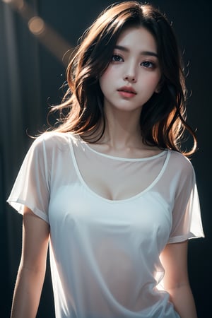 Ethereal beauty angelic photorealistic, masterpiece, best quality, raw photo, 1girl, long hair,brown eyes,detailed eyes and face, medium breast,  see through loose shirt, dynamic lighting, in the dark, deep shadow, low key, half_body shot and looking up on camera for top shot,