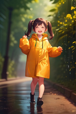 a curiosity wearing pigtails and a bright yellow raincoat A cheerful girl explores the forest and runs in the rain.
, (smile: 0.8)