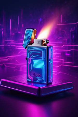 Visualize a Zippo lighter in a futuristic cyberpunk setting, featuring electrifying energy arcs and neon glow. Picture it surrounded by high-tech gadgets and futuristic props, capturing the essence of a cybernetic future.