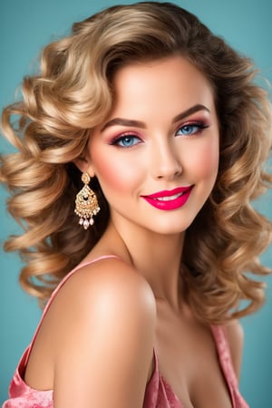 (best quality,highres),sexy woman,cute smile,detailed eyes,detailed lips,loose wavy hair,rosy cheeks,flawless skin,vibrant personality,alluring gaze,pin-up style makeup,stunning beauty,feminine charm,radiant smile,sultry expression,confident posture,portrait,soft lighting,vivid colors