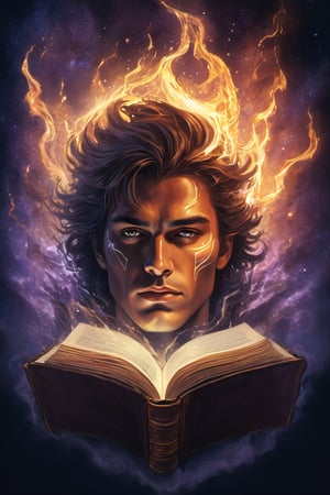 A graphic illustration of a magic book with a male face rising from it, detailed, magic energy, hyperrealism, digital art, Mysterious