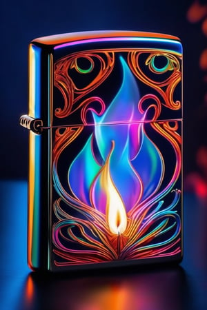 Imagine a Zippo lighter projecting holographic flames instead of real fire. Picture the holographic flames dancing in the air, creating an ethereal and futuristic ambiance. Focus on the intricate details of the holograms and their interaction with the lighter.