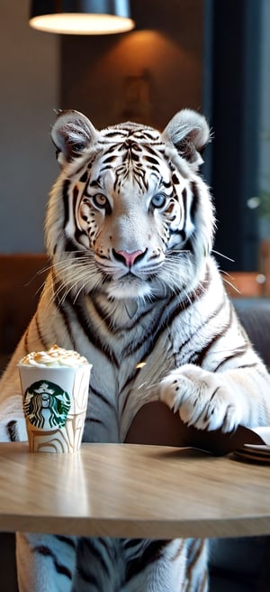 humanoid,white baby tiger , holding a large size cup at coffee in Starbucks ,Intrigued, elegant  costume, detailed, perfect body, colored, ((a paw holding a glass)), a paw on table, looking_at_viewer, big body, silky bristles, (hold chopstiks), Close-up shot. Action camera. Portrait film. Standard lens.  Soft natural light.
sharp focus, 8k, UHD, high quality, frowning, intricate detailed, highly detailed, hyper-realistic,beautymix