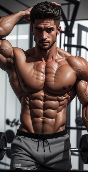 ((masterpiece, best quality)), muscular guy, Musculoso black, gym, detailed body, detailed face, detailed hands, highly detailed,uhd image,crystal clear translucency,perfecteyes,Sexy Muscular