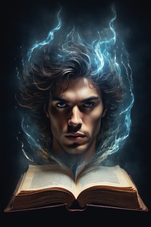 A graphic illustration of a magic book with a male face rising from it, detailed, magic energy, hyperrealism, digital art, Mysterious