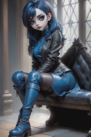 full body pose of a cute goth girl wearing blue leather. She is sitting down and crossing her legs. She is wearing knee-high leather boots.