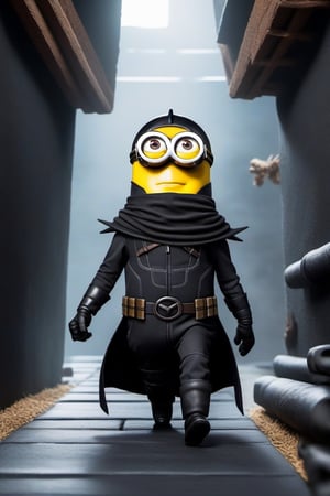 Create a picture of minion Black Widow in stealth mode, wearing a black ninja outfit and sneaking around, while other minions watch in amazement.