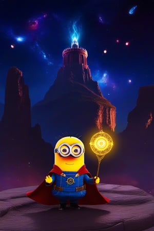 Generate an image of minion Doctor Strange wearing a tiny cape and performing mystical gestures, conjuring miniature portals and mystic symbols.