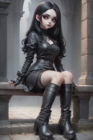 full body pose of a cute goth girl wearing leather. She is sitting down and crossing her legs. She is wearing knee-high leather boots.