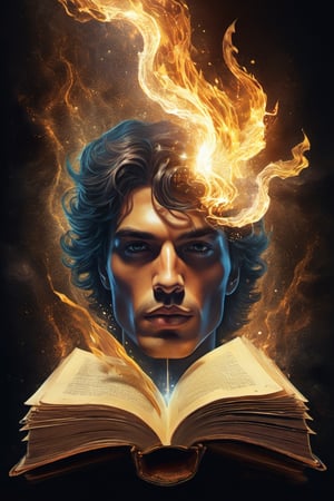 A graphic illustration of a magic book with a male face rising from it, detailed, magic energy, hyperrealism, digital art, Mysterious