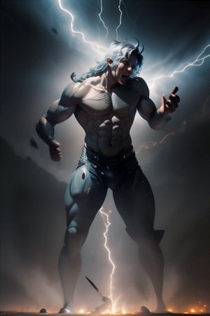 Create an animation of Thor summoning lightning with Mjolnir. Show lightning bolts charging around him before he strikes the ground, generating a powerful shockwave. Play with dynamic lighting effects and shadows for dramatic impact.