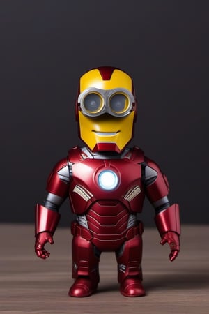 Generate an image of Iron Man in a minion costume, complete with goggles and overalls, building a miniature Iron Man suit in a playful and mischievous manner.