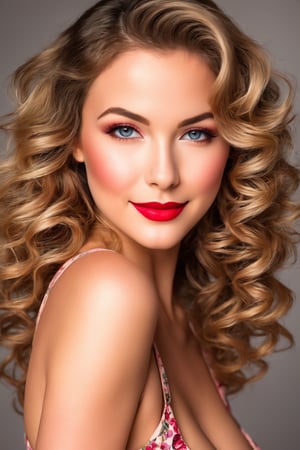 (best quality,highres),sexy woman,cute smile,detailed eyes,detailed lips,loose wavy hair,rosy cheeks,flawless skin,vibrant personality,alluring gaze,pin-up style makeup,stunning beauty,feminine charm,radiant smile,sultry expression,confident posture,portrait,soft lighting,vivid colors