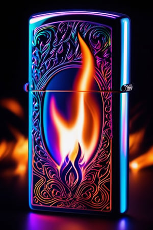 Imagine a Zippo lighter projecting holographic flames instead of real fire. Picture the holographic flames dancing in the air, creating an ethereal and futuristic ambiance. Focus on the intricate details of the holograms and their interaction with the lighter.