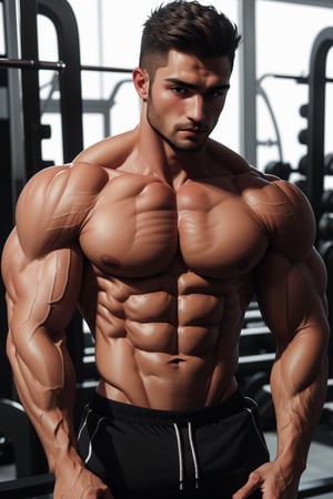 ((masterpiece, best quality)), muscular guy, Musculoso black, gym, detailed body, detailed face, detailed hands, highly detailed,uhd image,crystal clear translucency,perfecteyes,Sexy Muscular