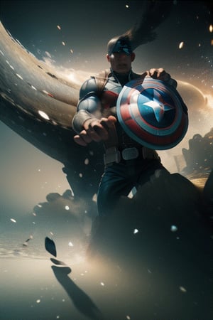 Animate Captain America throwing his shield. Illustrate the shield spinning through the air, ricocheting off surfaces, and returning to his hand. Experiment with perspective to capture the shield's dynamic movement.