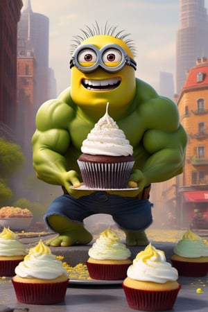 Illustrate a minion Hulk roaring with laughter, flexing his tiny muscles, and playfully smashing cupcakes instead of buildings, with icing flying everywhere.