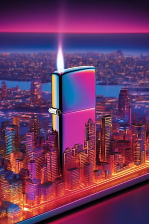 Visualize a Zippo lighter emitting vibrant neon lights, with futuristic cityscapes reflected on its metallic surface. Capture the play of light and shadows, emphasizing the sleek lines and modern aesthetic.