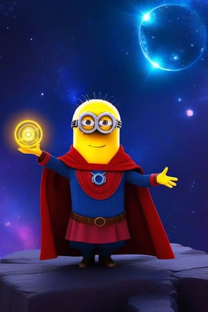 Generate an image of minion Doctor Strange wearing a tiny cape and performing mystical gestures, conjuring miniature portals and mystic symbols.