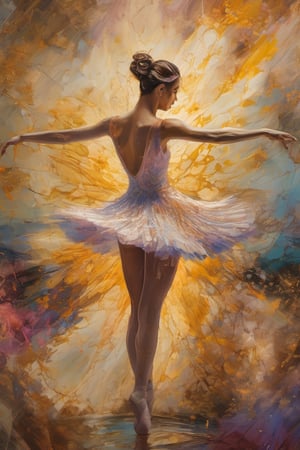 Epic splatter art, alcohol ink, ballet dancer, divine proportion, intricate, cinematic, stunning, highly detailed, 8k, dehazed, atmospheric, hyper-detailed, fantasy realism, sharp focus, hdr, chiaroscuro, mysterious, filigree, luminescent, backlit bezel, golden hour, golden ratio, ideal composition, complex background