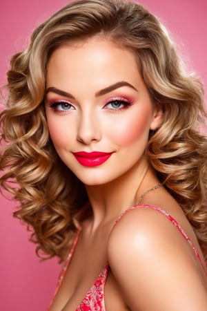 (best quality,highres),sexy woman,cute smile,detailed eyes,detailed lips,loose wavy hair,rosy cheeks,flawless skin,vibrant personality,alluring gaze,pin-up style makeup,stunning beauty,feminine charm,radiant smile,sultry expression,confident posture,portrait,soft lighting,vivid colors