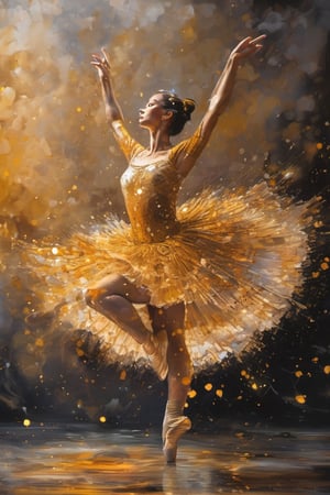 Epic splatter art, alcohol ink, ballet dancer, divine proportion, intricate, cinematic, stunning, highly detailed, 8k, dehazed, atmospheric, hyper-detailed, fantasy realism, sharp focus, hdr, chiaroscuro, mysterious, filigree, luminescent, backlit bezel, golden hour, golden ratio, ideal composition, complex background