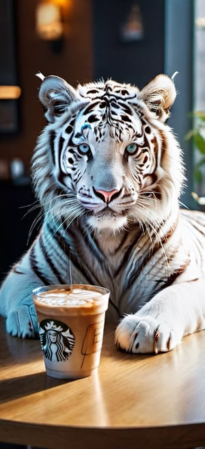 humanoid,white baby tiger , holding a large size cup at coffee in Starbucks ,Intrigued, elegant  costume, detailed, perfect body, colored, ((a paw holding a glass)), a paw on table, looking_at_viewer, big body, silky bristles, (hold chopstiks), Close-up shot. Action camera. Portrait film. Standard lens.  Soft natural light.
sharp focus, 8k, UHD, high quality, frowning, intricate detailed, highly detailed, hyper-realistic,beautymix