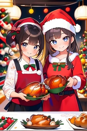 two cute girls cooking, Xmas,ornaments ,Xmas tree ,santa hat,santa costumes, Thanksgiving turkey ,cuteloli, masterpiece, ultra detailed, hyper high quarity, 
beautiful eyes, fine face, smile, 