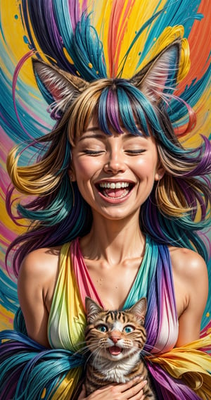 Abstract photo, upper body photo of a cat, abstract expressionism style, a happy woman surrounded by vibrant, swirling colors, radiant smile, eyes filled with joy and laughter, eyes closed, emotions splashed across the canvas, a burst of positivity and happiness, ,High detailed, Saturated colors,High detailed ,colorfulmix