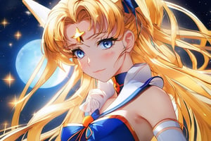 (((3 stars in a banana))) (a beautiful Japanese model),Masterpiece, Full: 1.3, Stand, 8K, 3D, Realistic, Ultra Micro Shooting, Top Quality, Extreme Detail CG Unity 8K Wallpaper, from below, intricate details, 27 years old, (meishaonv Sailor Venus super sailor venus mer1, Tiara, Sailor Senshi Uniform Sailor: 1.2, Sailor Venus: 1.2), Impossibly long bright twin-tailed blonde, thin and very long straight twin-tailed blonde, hair bun, red round hair ornament in a hair bun, Sailor Senshi uniform, (blue collar, blue sailor collar, blue pre-gate mini skirt: 1.3, very large red bow on the chest: 1.3, long white latex gloves: 1.3, red gloves on the elbows, Very large red bow behind the waist: 1.1, cleavage is looking large, golden tiara, earrings), (face details: 1.5, bright blue eyes, beautiful face, beautiful eyes, shiny eyes, thin lips: 1.5, thin and sharp pale eyebrows, long dark eyelashes, double eyelashes), luxurious golden jewelry, huge white wings,thin, thin and muscular, small face, big breasts, perfect proportions, Thin waist, sexy model pose, visible pores, seductive smile, perfect hands: 1.5, high-leg swimsuit, very thin and fit high-gloss white holographic leather, octane rendering, very dramatic image, strong natural light, sunlight, exquisite lighting and shadow, dynamic angle, DSLR, sharp focus: 1.0, Maximum clarity and sharpness, (space background, moonlight, moon, dynamic background, detailed background)
,sv1