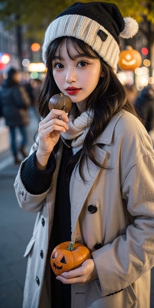 a girl with a halloween costume and a wizard hat holding a halloween pumpkin in the halloween party,big eyes, soft cheek ,red lip, masterpiece, best quality,1girl, solo, black hair, scarf, hat, realistic, looking at viewer, black eyes, long hair, coat, winter clothes, white scarf, lips, bangs, outdoors, closed mouth, upper body,jennierubyjenes