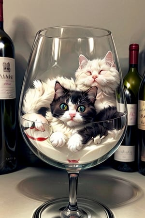 Cute tiny little kitty, poking out of a wine glass , cats are water,cat, furry, cute, detailed background, one cat only