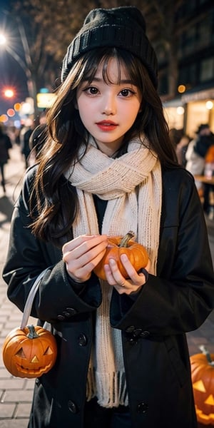 a girl with a halloween costume and a wizard hat holding a halloween pumpkin in the halloween party,big eyes, soft cheek ,red lip, masterpiece, best quality,1girl, solo, black hair, scarf, hat, realistic, looking at viewer, black eyes, long hair, coat, winter clothes, white scarf, lips, bangs, outdoors, closed mouth, upper body,jennierubyjenes