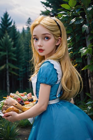 1girl,serving a thanksgiving dinner,Alice,
((Angelic AliceWonderlandWaifu )),
long flowing golden hair,

detailed eyes,
night,Crowd sightseeing forest,side rabbit,side owl,
((masterpiece)),,Realism,Epic,
looking at viewer,