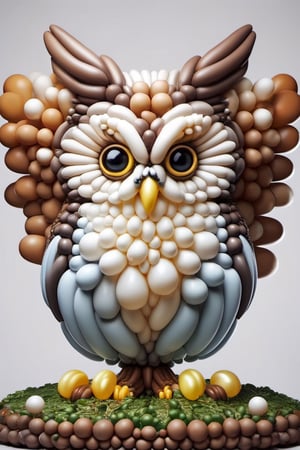 baloonz, chibi mister like a pokemon made out of baloons, white and brown owl, sitting in a tree, at night, very cute and big eyes, shiny moon, foggy background ,balloonz