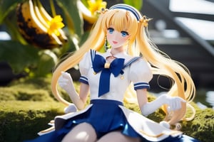 (((3 stars in a banana))) (a beautiful Japanese model),Masterpiece, Full: 1.3, Stand, 8K, 3D, Realistic, Ultra Micro Shooting, Top Quality, Extreme Detail CG Unity 8K Wallpaper, from below, intricate details, 27 years old, (meishaonv Sailor Venus super sailor venus mer1, Tiara, Sailor Senshi Uniform Sailor: 1.2, Sailor Venus: 1.2), Impossibly long bright twin-tailed blonde, thin and very long straight twin-tailed blonde, hair bun, red round hair ornament in a hair bun, Sailor Senshi uniform, (blue collar, blue sailor collar, blue pre-gate mini skirt: 1.3, very large red bow on the chest: 1.3, long white latex gloves: 1.3, red gloves on the elbows, Very large red bow behind the waist: 1.1, cleavage is looking large, golden tiara, earrings), (face details: 1.5, bright blue eyes, beautiful face, beautiful eyes, shiny eyes, thin lips: 1.5, thin and sharp pale eyebrows, long dark eyelashes, double eyelashes), luxurious golden jewelry, huge white wings,thin, thin and muscular, small face, big breasts, perfect proportions, Thin waist, sexy model pose, visible pores, seductive smile, perfect hands: 1.5, high-leg swimsuit, very thin and fit high-gloss white holographic leather, octane rendering, very dramatic image, strong natural light, sunlight, exquisite lighting and shadow, dynamic angle, DSLR, sharp focus: 1.0, Maximum clarity and sharpness, (space background, moonlight, moon, dynamic background, detailed background)
,sv1