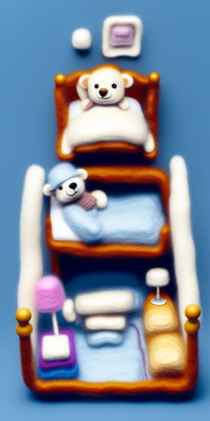 miniwool style of a A teddy bear in his bed, in his bedroom, isometric view