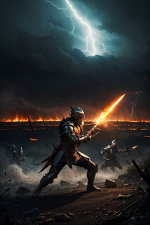 a battlefield with intense battle scene,warriors,dragons,magic,showcasing the clash of epic forces,(best quality,4k,8k,highres,masterpiece:1.2),ultra-detailed,(realistic,photorealistic,photo-realistic:1.37),oil painting,epic fantasy,warrior battles,mythical creatures,flaming swords,dark magic,burning skies,explosions,humanoid dragons,shimmering spell effects,heroic poses,majestic landscapes,ruins and debris,smoke and dust,sword fights,enchanted artifacts,glimmering armor,torrents of magic,arcane symbols,grim determination,lightning bolts,ferocious roars,ground-shaking impacts,heroic sacrifices,mystical aura,raging inferno,whirling cyclones,dynamic composition,high contrast,emotionally charged,action-packed,exhilarating,shadows and highlights,luminous lighting,aesthetic colors