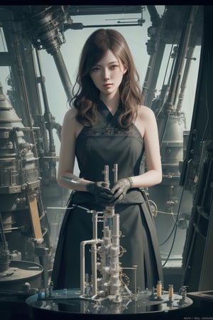 hyperrealistic photography of a gorgeous female scientist constructing a glass - making machine in the style of jin kagetsu, james jean, chris cunningham, hans bellmer and wlop, highly detailed, face symmetry, masterpiece, award - winning, sharp focus, intricate concept art, ambient lighting, 8 k, artstation,mai